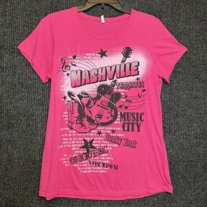 Nashville Music City pink baby tee rhinestones guitar country music Tennessee XL